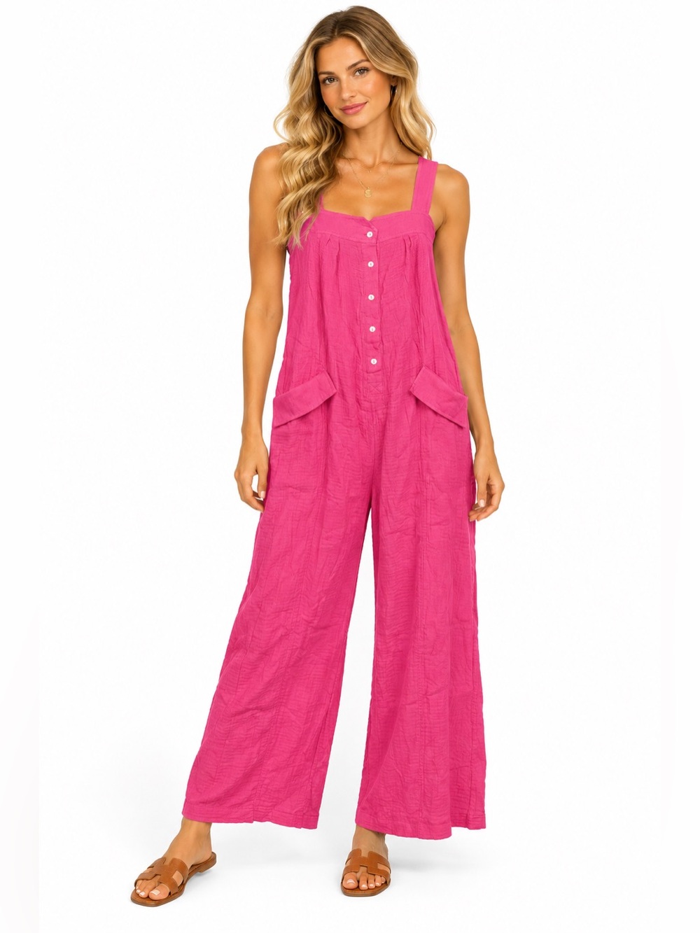 Bibi NWT Size Small Women's Pink Wide-Leg Cropped Jumpsuit with Front Buttons
